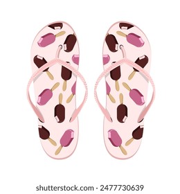 Summer flip flops with popsicle ice cream print,pair,isolated on white background.Vector summer shoes.