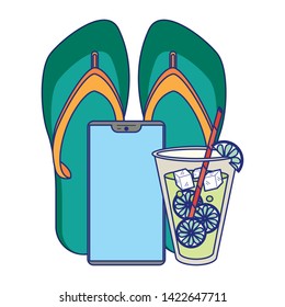 Summer flip flops with samrtphone and juice cup cartoons vector illustration graphic design