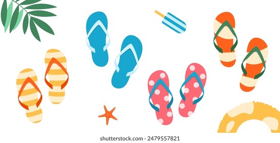 Summer Flip Flops set. Colorful Slippers of different pattern. Vector Collection of elements for design, stickers, scrapbooking.