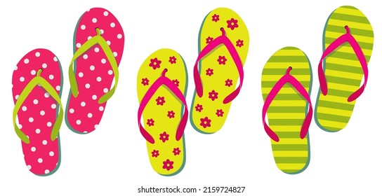 Summer flip flops set isolated on white. Three pairs of colorful flip flops