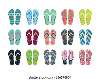 Summer flip flops set isolated on white background. Flip flops with different designs drawn in flat style