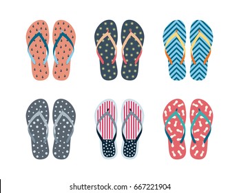 Summer flip flops set isolated on white background. Flip flops with different designs drawn in flat style