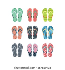 Summer flip flops set isolated on white background. Flip flops with different designs drawn in flat style