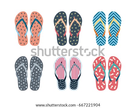 Summer flip flops set isolated on white background. Flip flops with different designs drawn in flat style