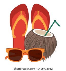 Summer flip flops sunglasses and coconut cocktail cartoons vector illustration graphic design