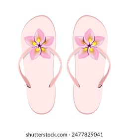 Summer flip flops with tropical flowers, pair, isolated on white background.Vector illustration of beach shoes for summer designs.