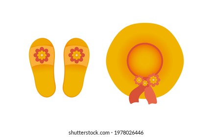 Summer flip flops and a wide-brimmed hat. Flat illustration.