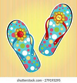 Summer flipflops flower and buttons on the strap (One red strap one blue,one red button one yellow) 