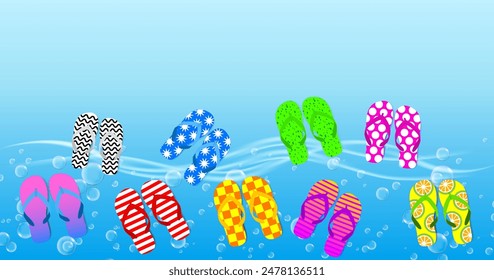 Summer Flip-Flops in the sea waves. Multicolored beach sandals. Summer poster