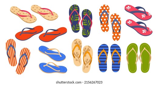 Summer flip-flops. Shoes for beach holidays. A color set on a white background. Vector.
