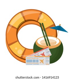 Summer float coconut cocktail with flight tickets and float lifesaver cartoons vector illustration graphic design