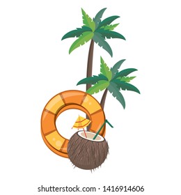 Summer float and coconut cocktail and palms trees cartoons vector illustration graphic design