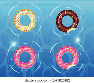 Summer floater donuts set vector design. Inflatable swim rings and rubber toy swimming elements isolated in white background for summer vacation. Design in swimming pool background. Vector