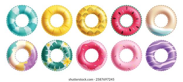 Summer floaters ring clipart set. Colorful inflatable ring object for beach and swimming pool life saver equipment clip art collection elements vector illustration.