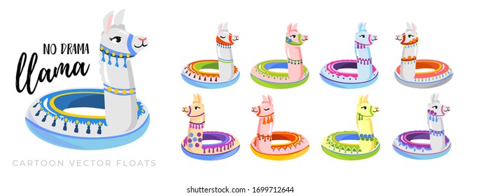 Summer Floats And No Drama Llama Fun Inscription Vector Illustration. Inflatable Animal Ring Floater For Kids Cartoon Design. Pool Time Concept. Isolated On White