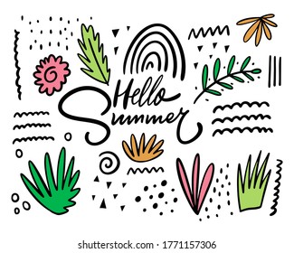 Summer floral abstract doodles elements set. Colorful vector illustration. Line art. Isolated on white background.