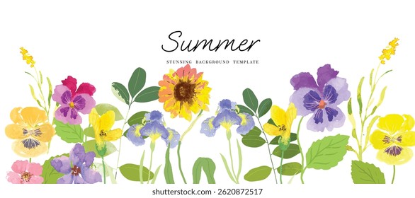 Summer floral art on white background vector illustration. Watercolor hand painted botanical flower, leaves, eucalyptus, wildflower. Design for wallpaper, banner, card, print, wedding.