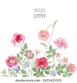 Summer floral art on white background vector illustration. Watercolor hand painted botanical, rose flower, foliage. Design for wallpaper, banner, card, print, wedding.