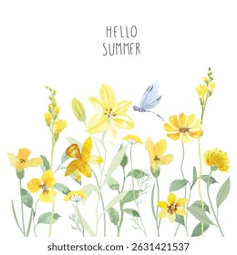 Arte floral de verão sobre ilustração vetorial de fundo branco. Aquarela pintada à mão botânica, lírio, flor silvestre, folhagem, libélula. Design para papel de parede, banner, cartão, impressão, casamento.