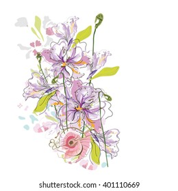 Summer floral background, abstract irises, poppies flowers with green tender splashes. Hand drawn illustration.