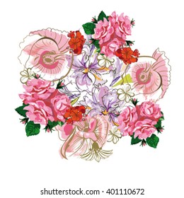 Summer floral background, abstract irises, poppies, roses and geranium flowers with green tender splashes. Hand drawn illustration.