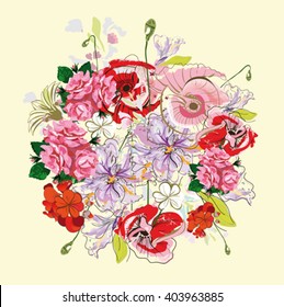 Summer floral background, abstract irises, poppies, roses and geranium flowers with green tender splashes. Hand drawn illustration.