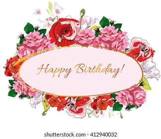 Summer floral background, abstract irises, poppies, roses and geranium flowers with green tender splashes. Hand drawn illustration. 