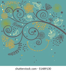 Summer floral background with birds