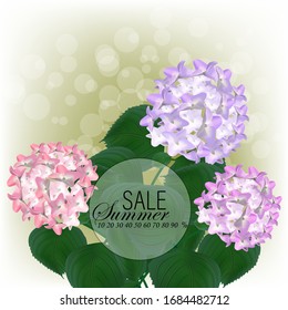 
Summer floral background, a bouquet of hydrangeas, colored hydrangea inflorescences. Sale, advertising poster. Eps10 vector illustration