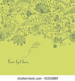 Summer floral background with cartoon bird