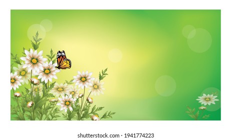 Summer floral background with chamomiles or daisies, grass and bright orange monarch butterfly Environmental protection concept. Vector illustration. 