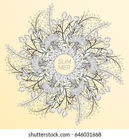 Summer floral background in the form of a wreath of cornflowers and leaves. For the design of postcards, brochures, flyers. Coloring page.