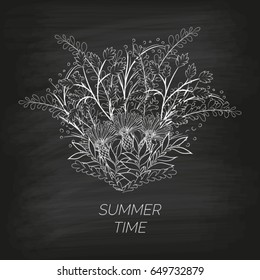 Summer floral background in the form of a wreath of cornflowers and leaves drawn by hand on the black unclean chalkboard. For the design of postcards, brochures, flyers.