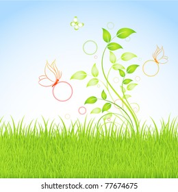 Summer floral background with grass and butterflies.