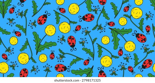 Summer Floral Background. Summer seamless pattern with dandelion ladybug and blowball Flowers isolated blue Background. Perfect bedroom living room wallpaper print Vector illustration EPS 10