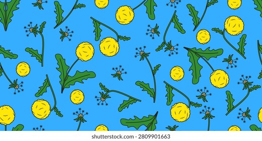 Summer Floral Background. Summer seamless pattern from dandelion and blowball Flowers isolated blue Background. Perfect bedroom living room wallpaper print Vector illustration EPS 10