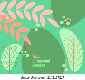 Sommerblütenhintergrund im einfachen, flachen Stil. Vektorgrafik-Vorlage mit Blättern und Ästen, Kreise und Tropfen in trendiger Farbpalette. Für soziale Netzwerke, Einladungen, Glückwünsche.