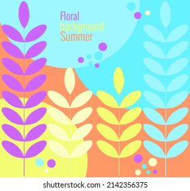 Fondo veraniego floral de estilo sencillo y plano. Plantilla de ilustración vectorial con hojas y ramas, círculos y caídas en la paleta de color de moda. Para las redes sociales, invitaciones, felicitaciones.