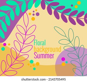 Summer floral background in simple flat style. Vector illustration template with leaves and branches, circles and drops in trendy color palette. For social networks, invitations, congratulations.