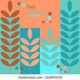 Summer floral background in simple flat style. Vector illustration template with leaves and branches, circles and drops in trendy color palette. For social networks, invitations, congratulations.