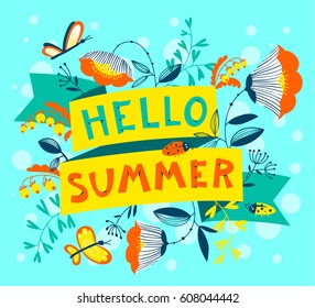 Summer floral banner. Enjoy summer lettering. Cute ribbon with cartoon flowers and leaves. Flying butterflies and ladybirds. Vector illustration. Design element with seasonal inspirational quote