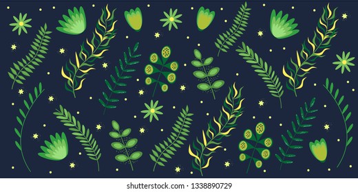 Summer floral banner pattern Flowers and branches in dark bright colors. Vector illustration