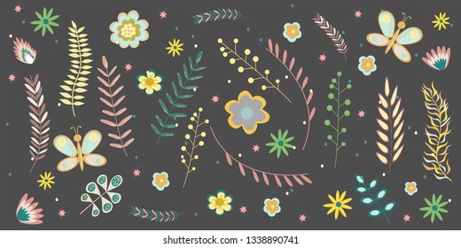Summer floral banner pattern Flowers and branches in pastel colors. Vector illustration