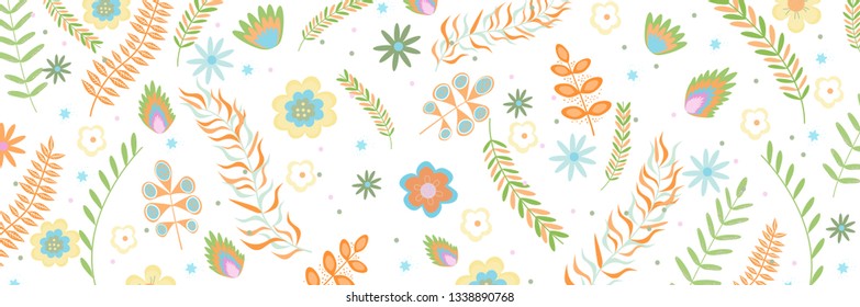 Summer floral banner pattern Flowers and branches in pastel colors. Vector illustration