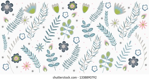 Summer floral banner pattern Flowers and branches in pastel colors. Vector illustration
