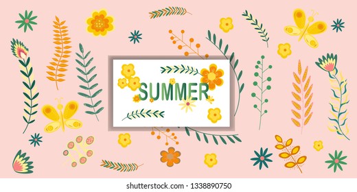 Summer floral banner pattern with the inscription Summer Flowers and branches in pastel colors. Vector illustration