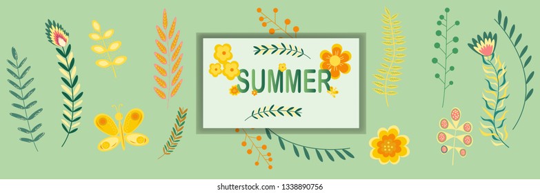 Summer floral banner pattern with the inscription Summer Flowers and branches in pastel colors. Vector illustration