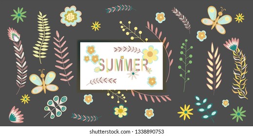 Summer floral banner pattern wiht frame copy space Flowers and branches in pastel colors. Vector illustration