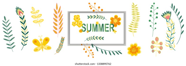 Summer floral banner pattern wiht frame copy space Flowers and branches in pastel colors. Vector illustration