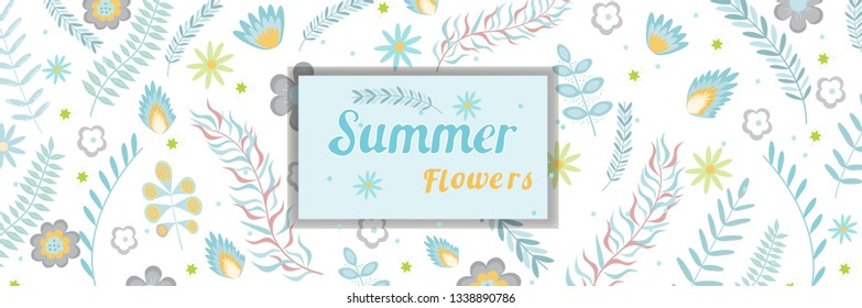 Summer floral banner pattern wiht frame copy space Flowers and branches in pastel colors. Vector illustration